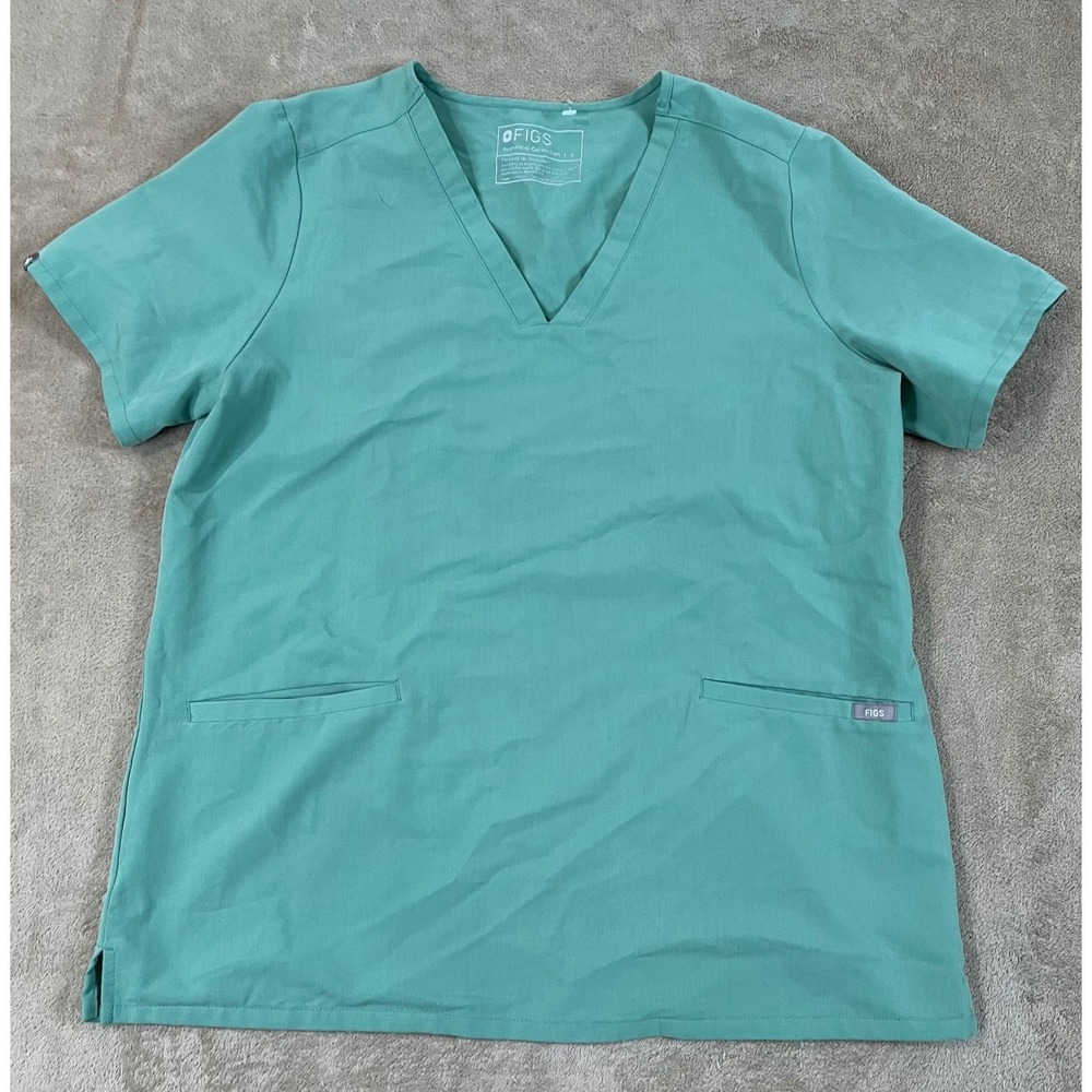 FIGS Technical Collection Casma Scrub Top Women L Green Polyester V-Neck S/S EUC